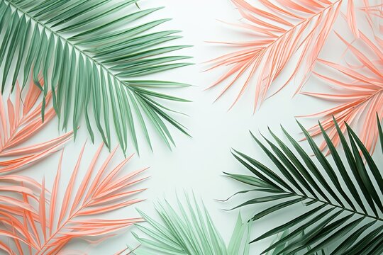 Flat lay of mint green and salmon pink and pastel pink palms on a white background pattern, in the style of digital minimalism, pattern, pastel color, beautiful, art - director photography.