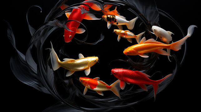 Black and red and yellow koi fish circled in a black circle , wallpaper design , Generate AI