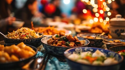 Traditional dinner meal dishes on table during family gathering party to celebrate Chinese lunar new year. - obrazy, fototapety, plakaty