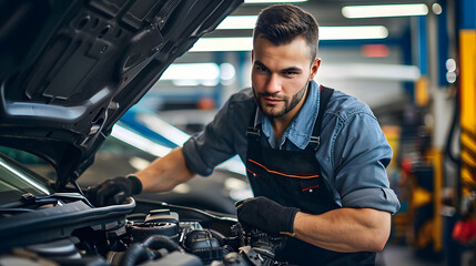 Attractive confident male auto mechanic working in Car Service - obrazy, fototapety, plakaty