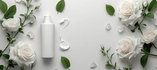 Poster Beauty nature treatment: Organic white and green background care with spa bottle © VICHIZH