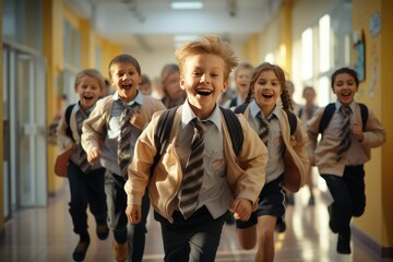 A group of primary school students are running happily in the corridor of the school, children coming home from school, happy children carrying school bags to school - obrazy, fototapety, plakaty