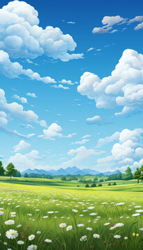Blue sky and cloud with meadow tree. Plain landscape background for summer poster. Generate AI