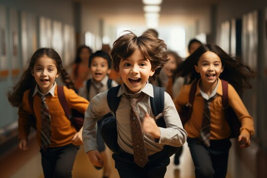 A group of primary school students are running happily in the corridor of the school, children coming home from school, happy children carrying school bags to school