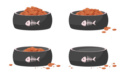 Pet food eating by hungry cat set, sequence game animation. Animated steps of eaten dry food from plastic black bowl with fish bone, pieces of food disappear from plate cartoon vector illustration