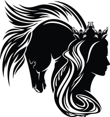 fairy tale queen or princess wearing royal crown with her magic unicorn horse profile head black and white vector silhouette portrait