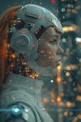 A girl in a space suit . The concept of artificial intelligence. Digital transformation