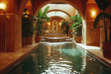 Elegant Indoor Spa Pool with Arches and Tropical Plants