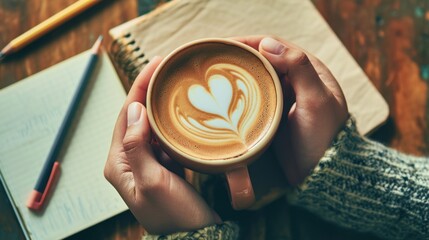 Coffee with heart shape latte art and notebook pen.