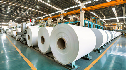 Papermaking process in an industrial setting with steel machinery and production equipment.