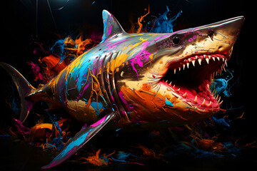 multicolored neon portrait of a shark looking forward, in the style of pop art on a black background.