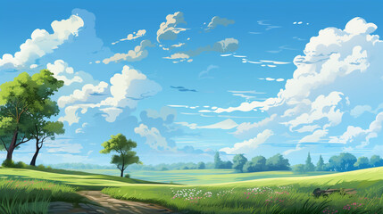 Blue sky and cloud with meadow tree. Plain landscape background for summer poster. Generate AI