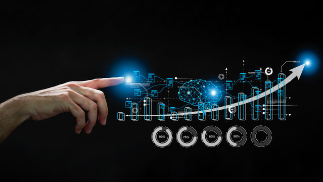 AI dashboard showing performance results Progress indicators, KPI analysis and graphs, data management systems, reports, financial and data marketing platforms, graphs, indicators, global business