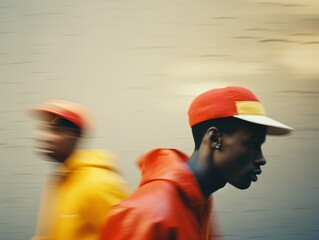 Photography of two black skin boys in red, yellow and blue clothes and white hats walking fast against light beige wall - Powered by Adobe