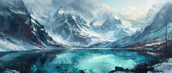 Poster panorama of beautiful glacier mountains covered with snow with a lake © DailyLifeImages