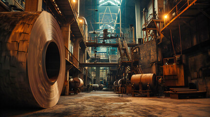 Abandoned industrial factory with steel pipes and machinery, depicting a grunge atmosphere. - obrazy, fototapety, plakaty