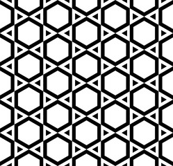 Seamless Geometric Hexagons and Triangles Black and White Pattern.
