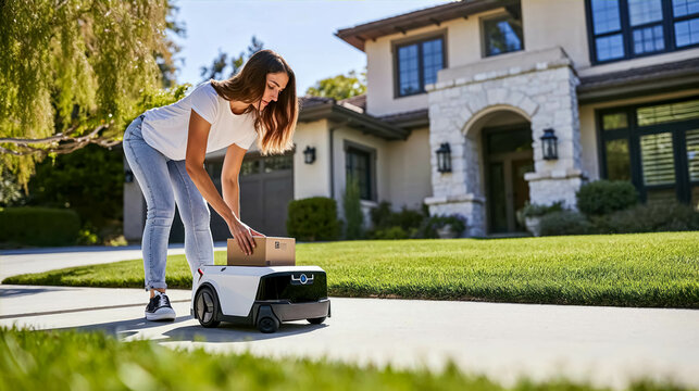 Woman Retrieving a Package From a Futuristic Delivery Robot. Future Of Delivery. Technological Innovation and Robotics