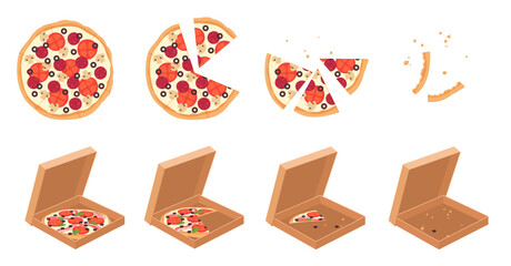 Eaten pizza set, sequence game animation. Animated stages of eating pizza slices, top and isometric 3D view of whole round pizza, pieces disappear from table, open box cartoon vector illustration