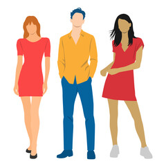 Fototapeta premium Set of young man and two women , different colors, cartoon character, group of silhouettes of standing business people, students, design concept of flat icon, isolated on white background