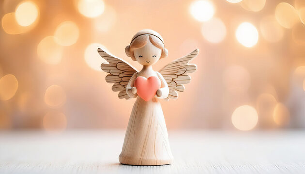 Cute wood angel with heart and copy space