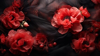 Dark elegant wallpaper made of red and black tulle fabric with vibrant red flowers - obrazy, fototapety, plakaty