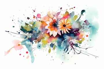 Colorful floral artwork with isolated abstract watercolor flowers, petals, and leaves on a white background. Generative AI