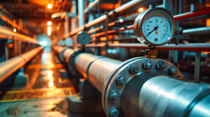 Industrial pressure and measurement equipment in a factory setting, indicating control and precision.