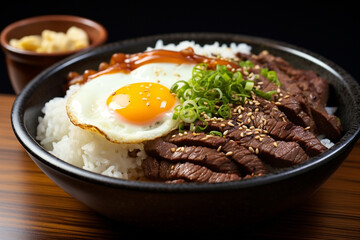 Close up of delicious recommend menu of sapporo city roast japan beef don contain with beef and special sauce topping with raw egg on rice in bowl Sapporo Hokkaido Japan