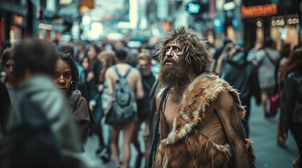 A caveman walking in modern city street. Lost and confused. Concept. Photorealistic.