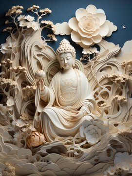 Art Deco wallpaper design, paper sculpture, Mystery Core, a painting depicting a large Buddha, snow Mountain, Buddha light, temple, snow mist, Changbai Mountain - generative ai