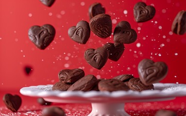 Chocolate heart cookies falling on a white plate with a red background.  Valentine’s Day concept.