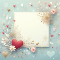 A delicate stylish postcard in the form of a square of white paper on a magnificent background in pastel blue tones with a red heart, a golden snowflake and cute tinsel decorations