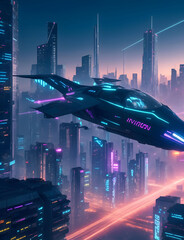 Illustration of a fast futuristic jet like flying vehicle with wings and a tail flying in a cyberpunk purple and blue city filled with skyscrapers and air traffic. Night time.