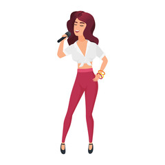 Stylish woman singing karaoke. Singer performance, karaoke party cartoon vector illustration