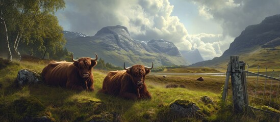 Three revered bovines recline in a grassy meadow by a gate near a mountain. - obrazy, fototapety, plakaty