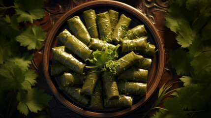 A platter of stuffed grape leaves, a popular dish in many Middle Eastern and Mediterranean...