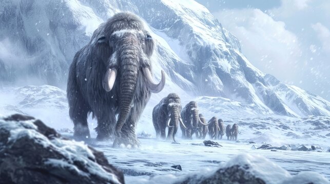 A group of mammoth walking in snow field in freezing winter.
