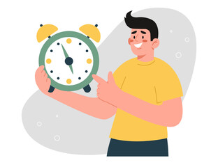 Managing work time and planning the working day, observing the calendar schedule and meeting project deadlines, time management, employee productivity per unit of working time, man holds clock.