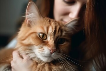Woman hugging cat. Cute and striped animal with orange color and eyes. Generate AI