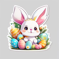Easter bunny illustration, cute fluffy, easter eggs, stunning full color, high quality, cute stickers, cartoon style, white frame, colorful (1)