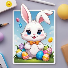Easter bunny illustration, cute fluffy, easter eggs, stunning full color, high quality, cute stickers, cartoon style, white frame, colorful (1)