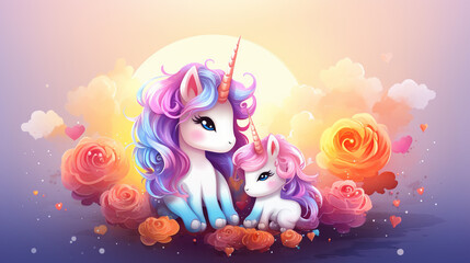 Cartoon couple love unicorns colorful background , Generate AI