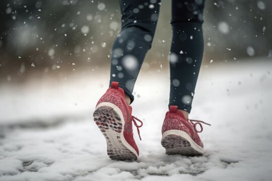 Woman jogging legs photo winter outdoor. Snow sport fitness adult. Generate Ai