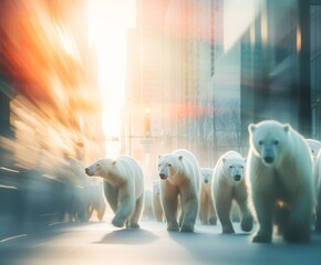 Polar bears in a hurry. Busy city concept, yellow, light green, light blue, rainbow colors