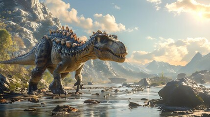 Animated dinosaurs roaming a vivid prehistoric landscape.