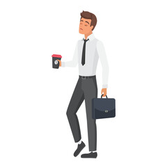 Male office manager with coffee. Walking businessman with briefcase cartoon vector illustration
