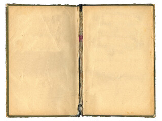 Open old book on a white background. Top view.