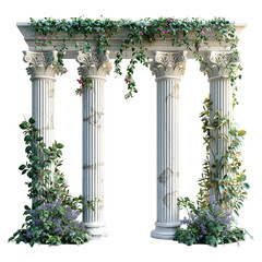Naklejka premium Four classical columns, intricately carved, draped with lush green vines and blooming flowers, against a white background