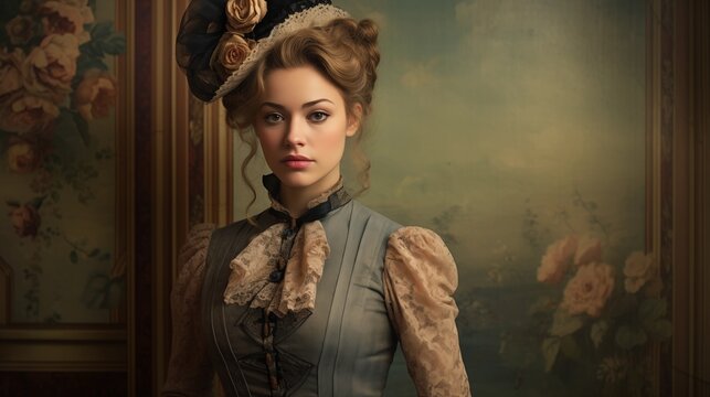Woman dressed in Victorian style, photo has a classic feel. The woman's dress is like from history, and the photo feels gentle.